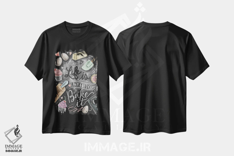 تیشرت مشکی طرح دار زندگی همان است که خودت می پزی، دست نقاشی و طراحی دستی اثر لیلی و ول | فروشگاه ایماژ
