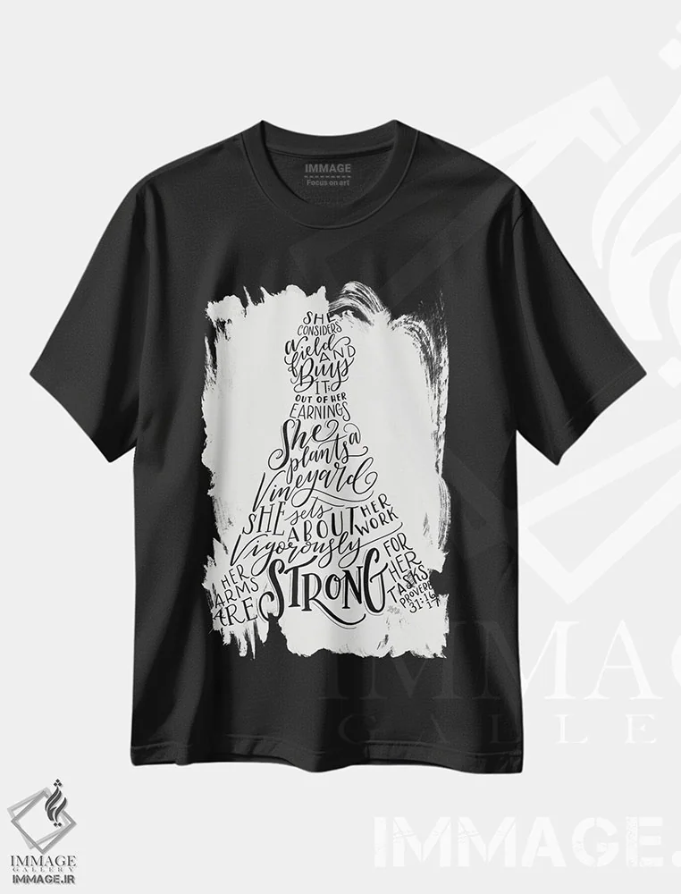 تیشرت مشکی طرح دار لباس ضرب المثل ۳۱، نقاشی و تصویرگری سیاه و سفید اثر لیلی و ول | immage.ir