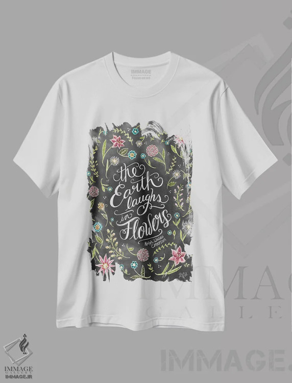 تیشرت سفید طرح دار زمین با گل ها می خندد، دست نقاشی و طراحی دستی اثر لیلی و ول | فروشگاه ایماژ