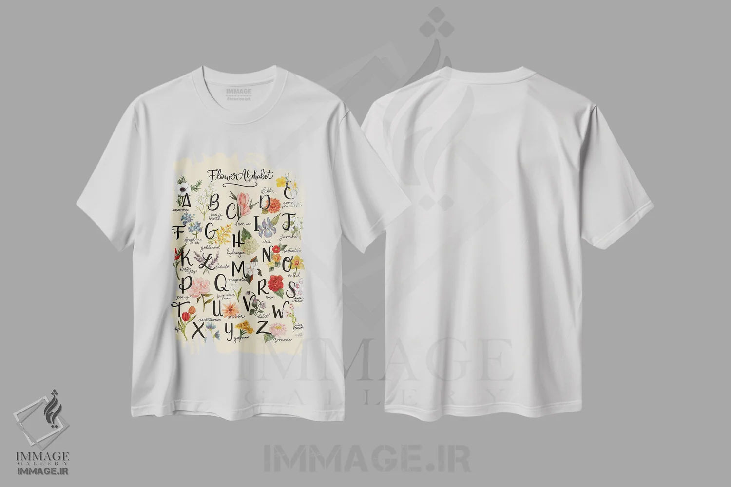 تیشرت سفید طرح دار الفبای گلی، تایپوگرافی اثر لیلی و ول | فروشگاه ایماژ