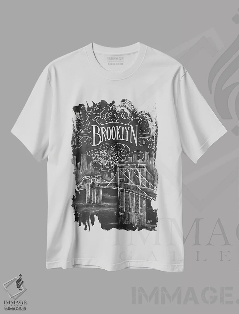 تیشرت سفید طرح دار پل بروکلین، دست نقاشی و طراحی دستی اثر لیلی و ول | فروشگاه ایماژ