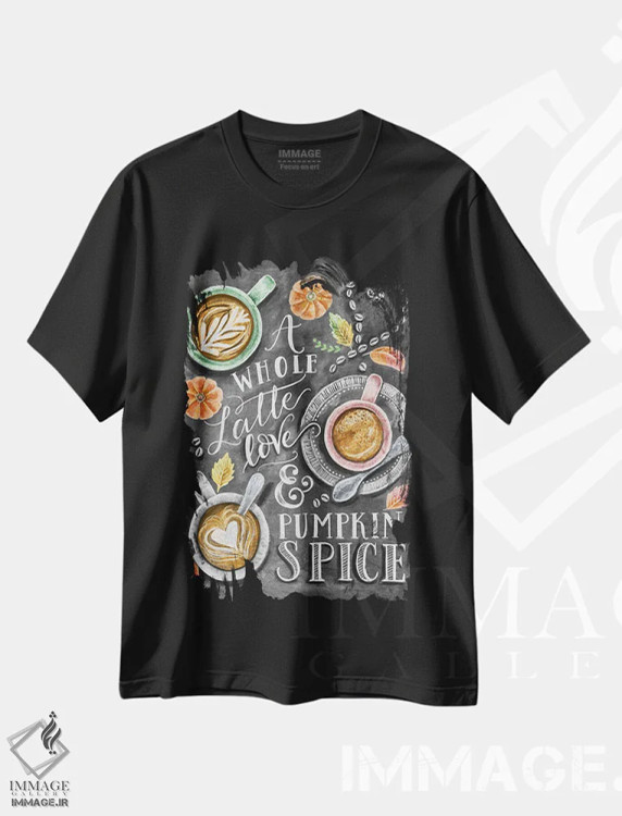 تیشرت مشکی طرح دار کلی عشق و لاته ادویه کدوحلوایی، دست نقاشی و طراحی دستی اثر لیلی و ول | فروشگاه ایماژ