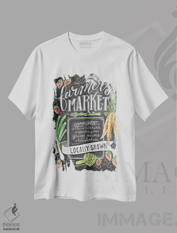 تیشرت سفید طرح دار بازار کشاورزان، محصول محلی، دکور روستایی اثر لیلی و ول | فروشگاه ایماژ