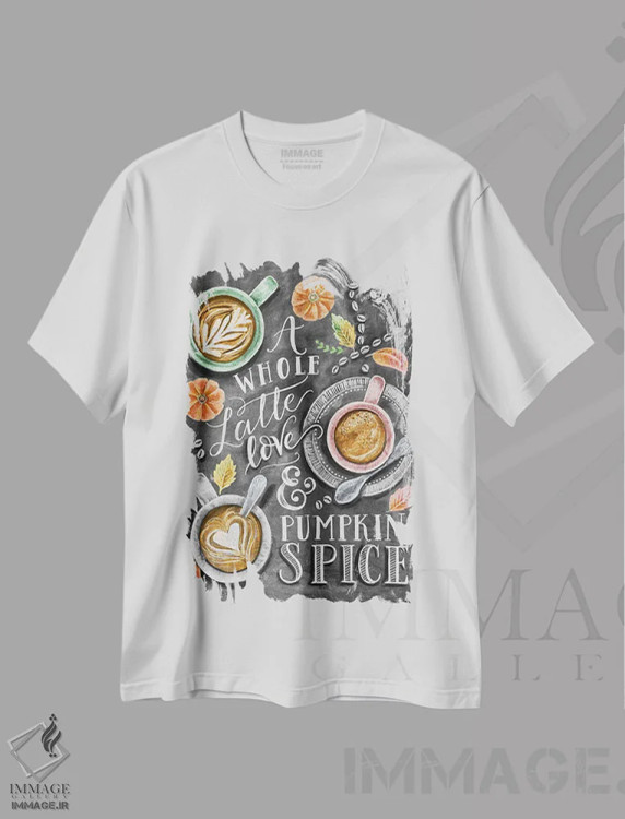 تیشرت سفید طرح دار کلی عشق و لاته ادویه کدوحلوایی، دست نقاشی و طراحی دستی اثر لیلی و ول | immage.ir