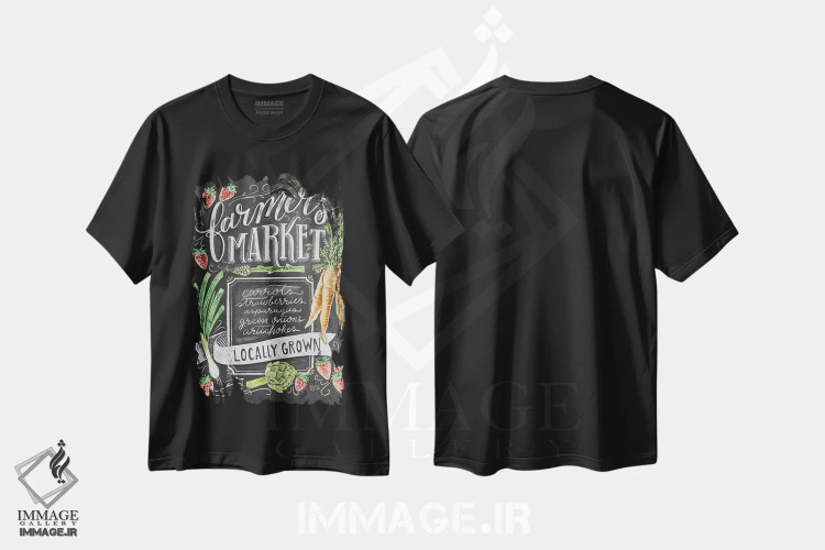 تیشرت مشکی طرح دار بازار کشاورزان، محصول محلی، دکور روستایی اثر لیلی و ول | immage.ir