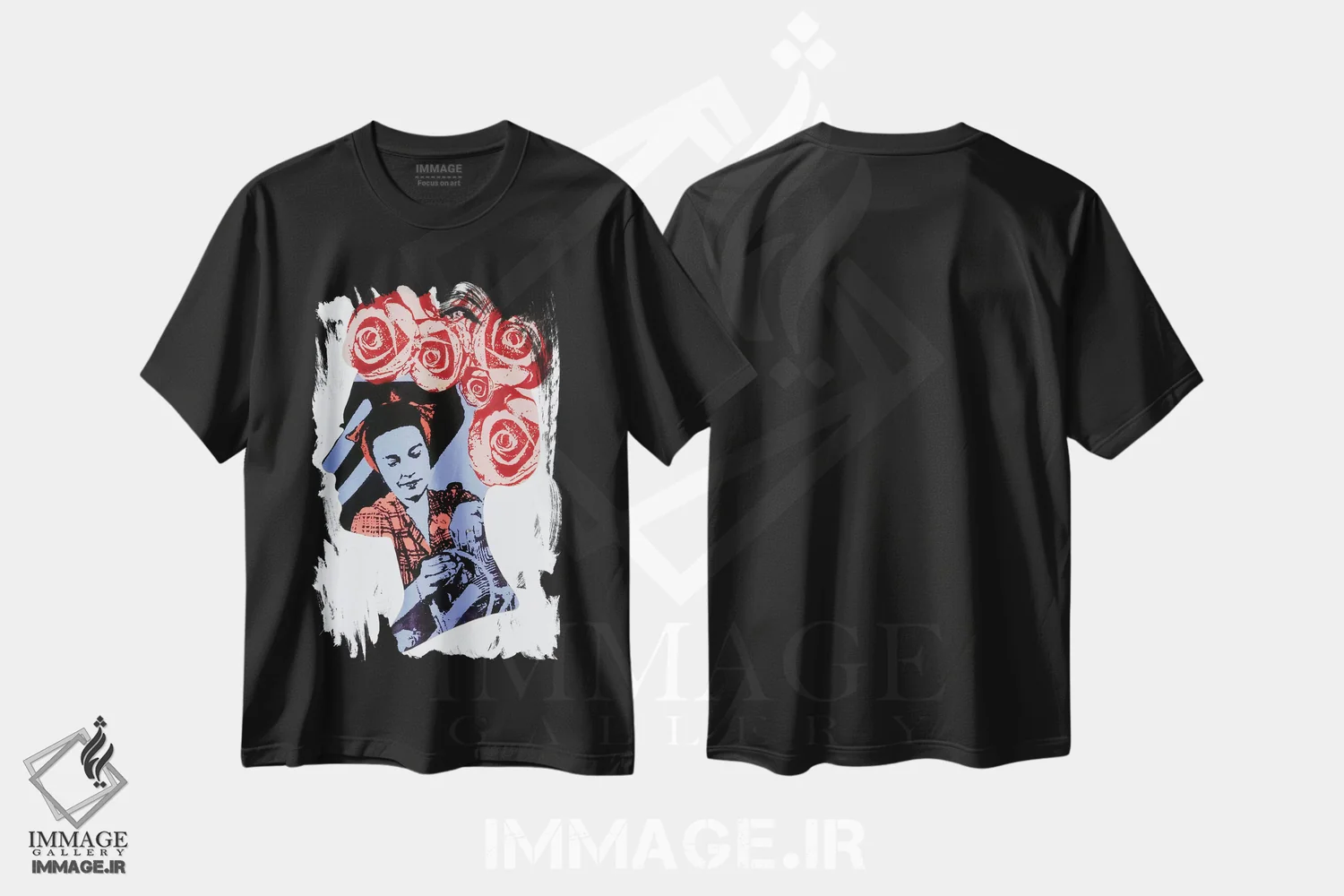 تیشرت مشکی طرح دار رُزی، هنر فاخر معاصر اثر لورا مِی دوریس | فروشگاه ایماژ