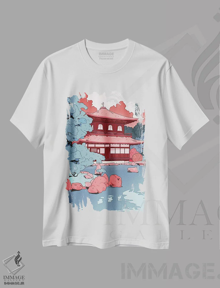 تیشرت سفید طرح دار Japan,معبد گینکاکوجی، ژاپن، انیمه اثر لوسی میشل | فروشگاه ایماژ