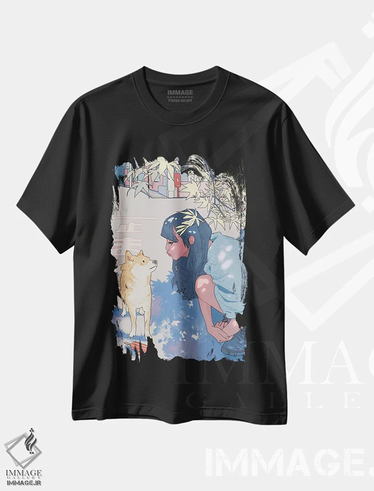 تیشرت مشکی طرح دار دختر و شیبا، انیمه اثر لوسی میشل | فروشگاه ایماژ
