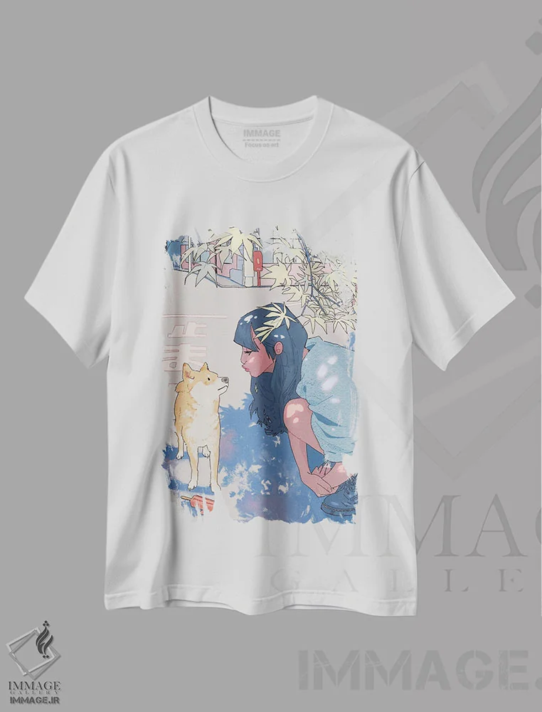 تیشرت سفید طرح دار دختر و شیبا، انیمه اثر لوسی میشل | immage.ir