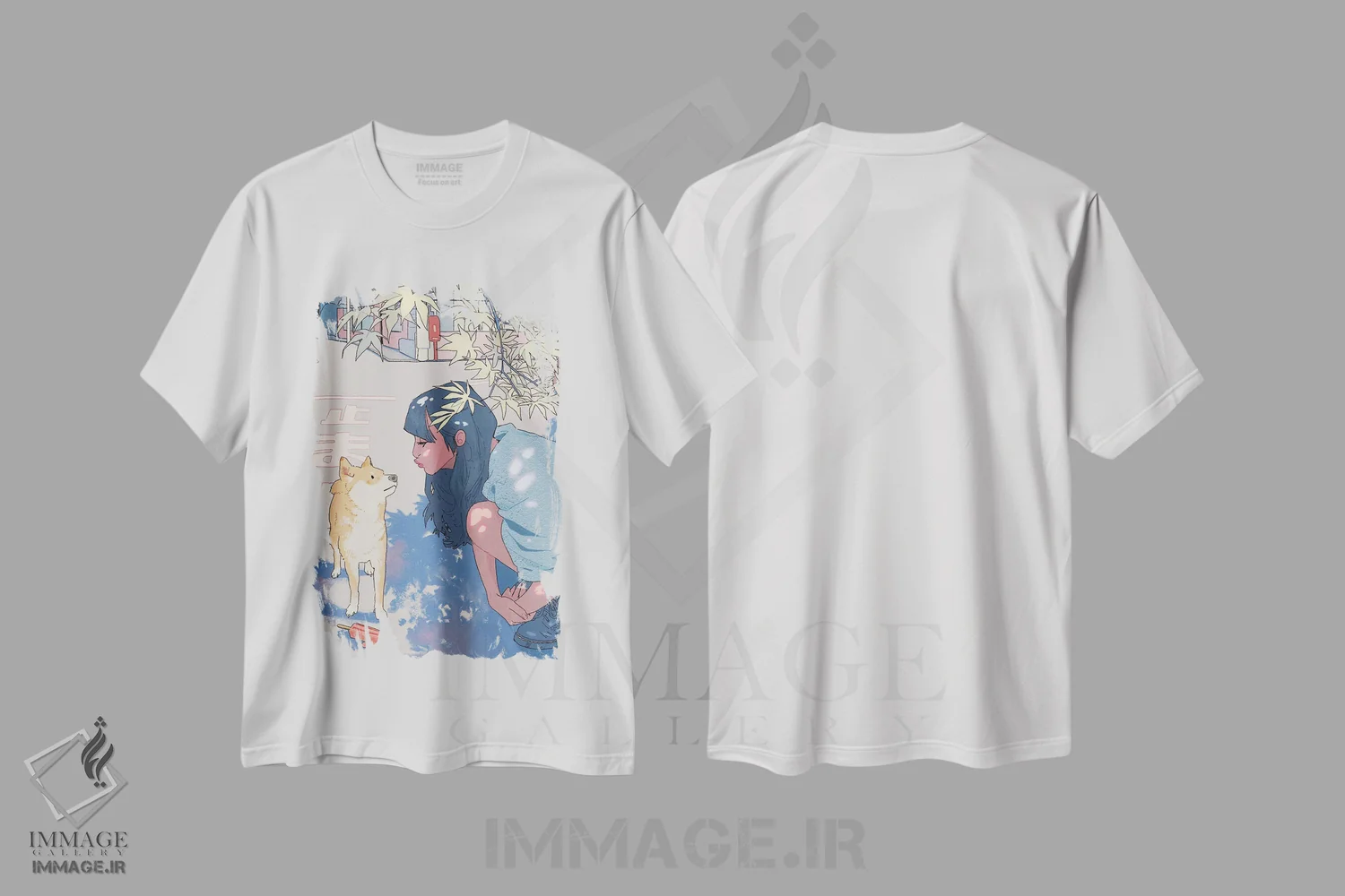 تیشرت سفید طرح دار دختر و شیبا، انیمه اثر لوسی میشل | immage.ir