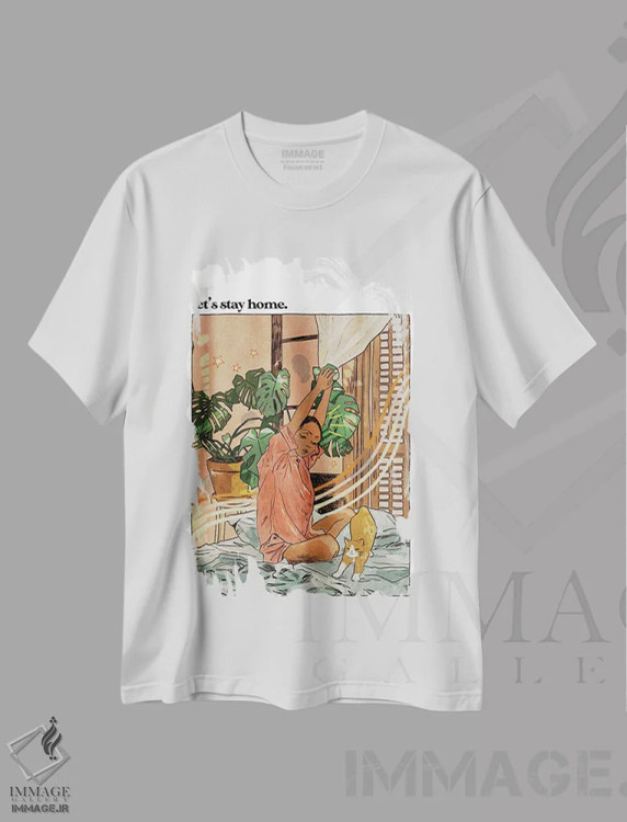 تیشرت سفید طرح دار بیا در خانه بمانیم، انیمه اثر لوسی میشل | immage.ir