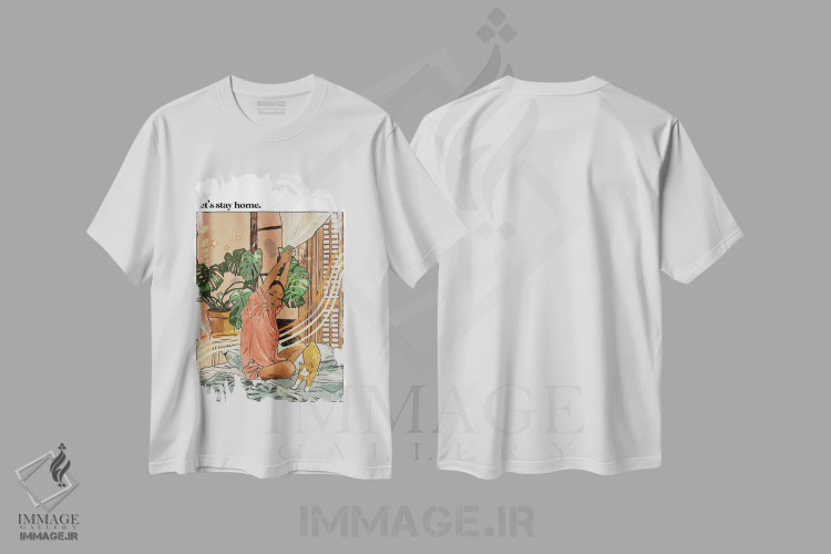 تیشرت سفید طرح دار بیا در خانه بمانیم، انیمه اثر لوسی میشل | immage.ir