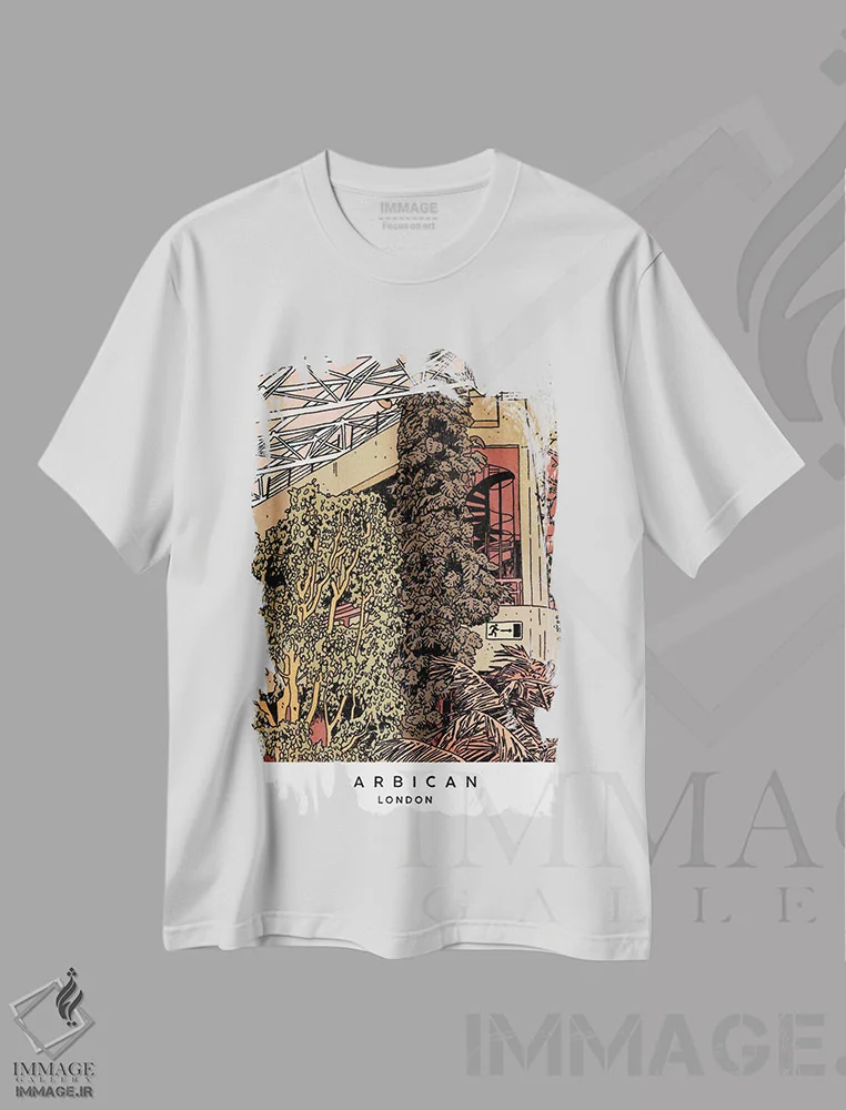 تیشرت سفید طرح دار London,گلخانه باربیکن، لندن، انیمه اثر لوسی میشل | فروشگاه ایماژ
