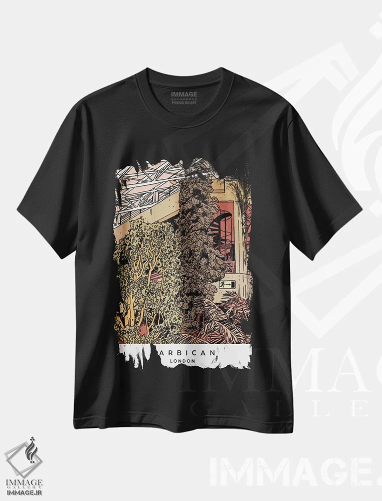 تیشرت مشکی طرح دار London,گلخانه باربیکن، لندن، انیمه اثر لوسی میشل | immage.ir