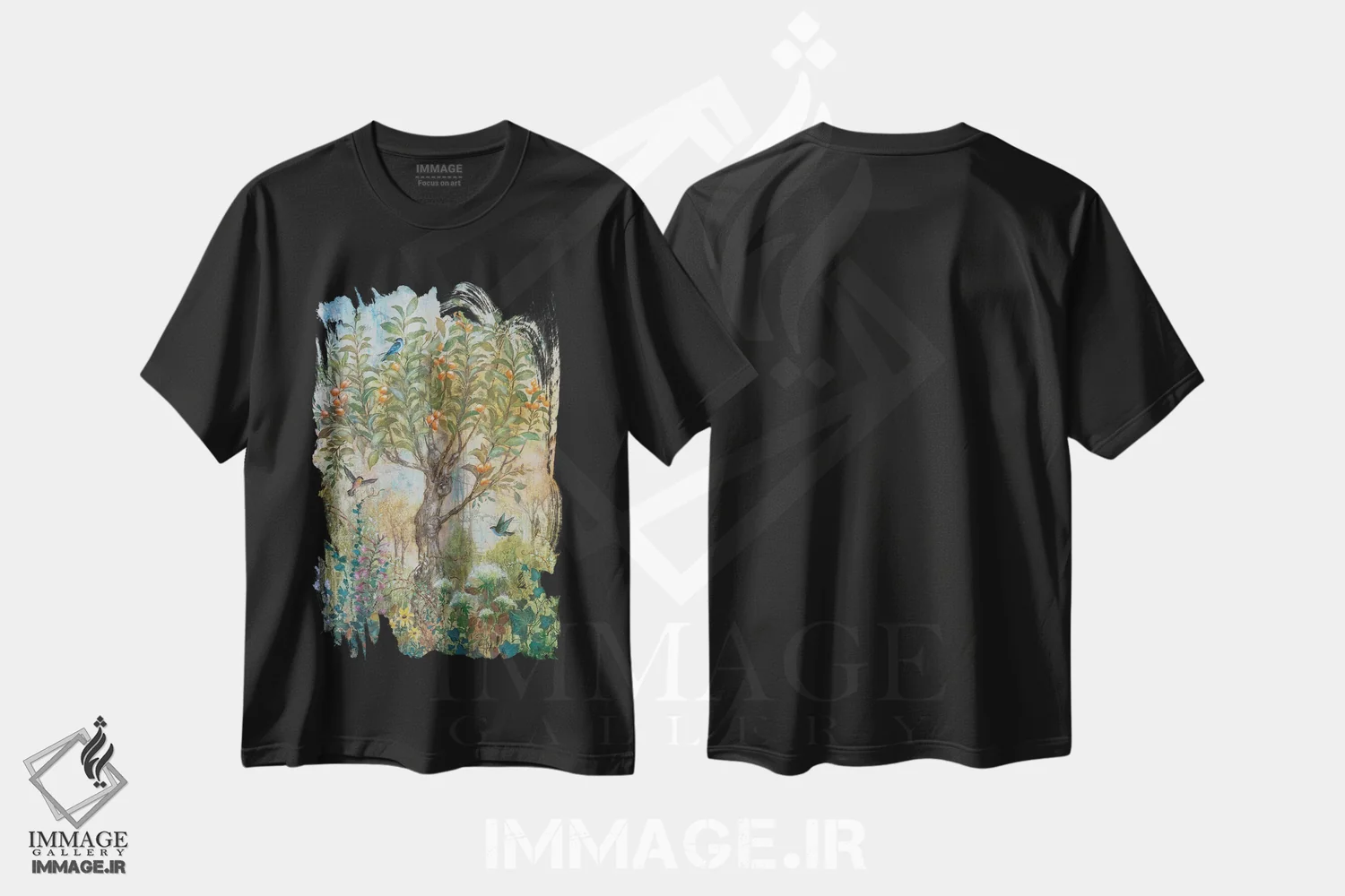 تیشرت مشکی طرح دار افسون زردآلو، تزئینی اثر لیزا مری کیندلی | فروشگاه ایماژ