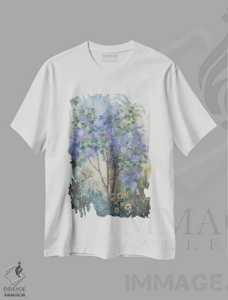 تیشرت سفید طرح دار یاس بنفش تازه، تزئینی اثر لیزا مری کیندلی | immage.ir