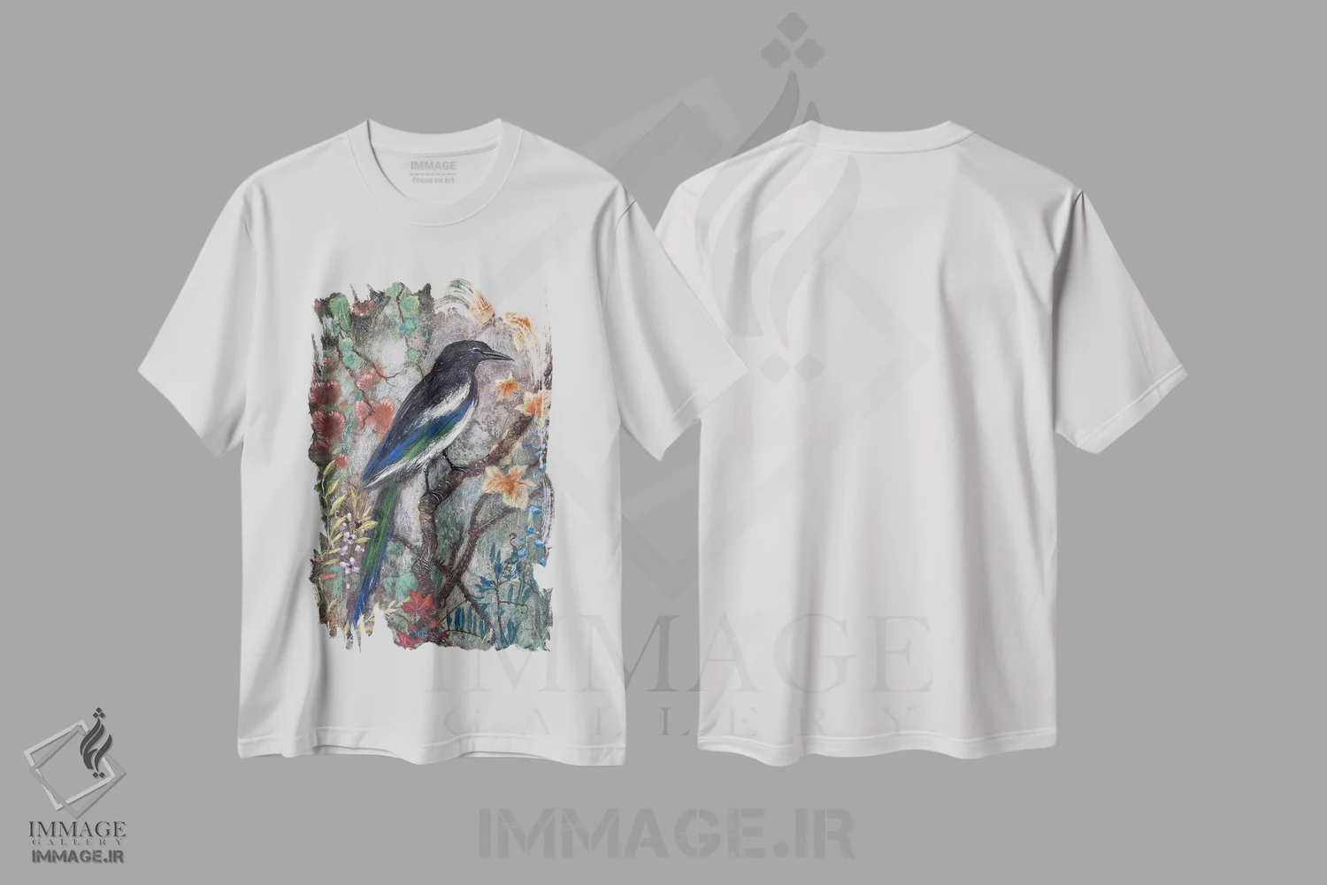 تیشرت سفید طرح دار کلاغ زاغی، تزئینی اثر لیزا مری کیندلی | فروشگاه ایماژ