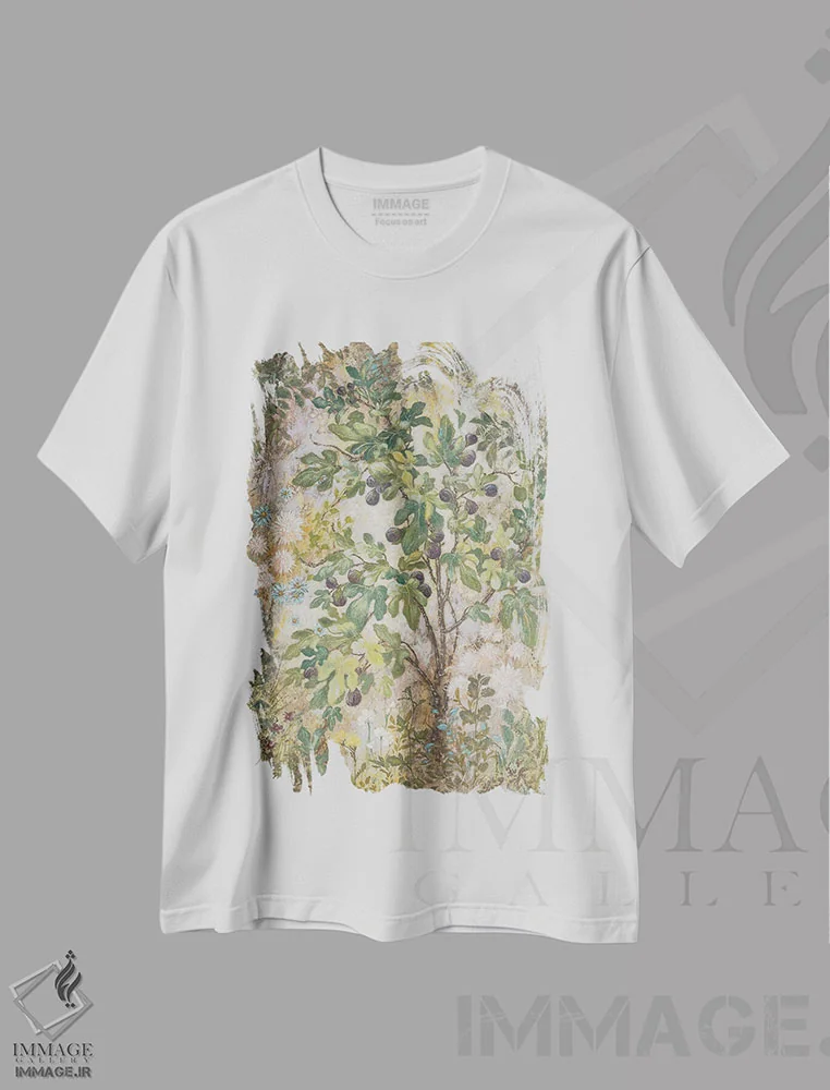 تیشرت سفید طرح دار درخت انجیر، تزئینی اثر لیزا مری کیندلی | فروشگاه ایماژ