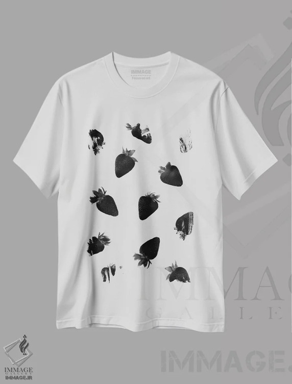 تیشرت سفید طرح دار توت فرنگی سیاه، هنر تزئینی سیاه و سفید اثر لیمُو | immage.ir