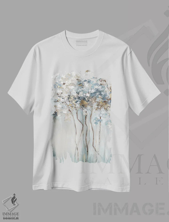 تیشرت سفید طرح دار جنگل آبی طلایی، آبستره اثر لونا ماویس | immage.ir