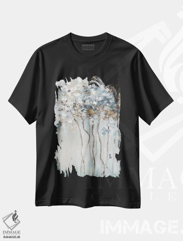 تیشرت مشکی طرح دار جنگل آبی طلایی، آبستره اثر لونا ماویس | فروشگاه ایماژ