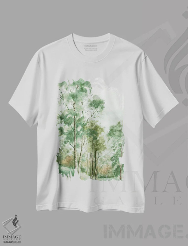 تیشرت سفید طرح دار جنگل های سبز، آبستره اثر لونا ماویس | فروشگاه ایماژ