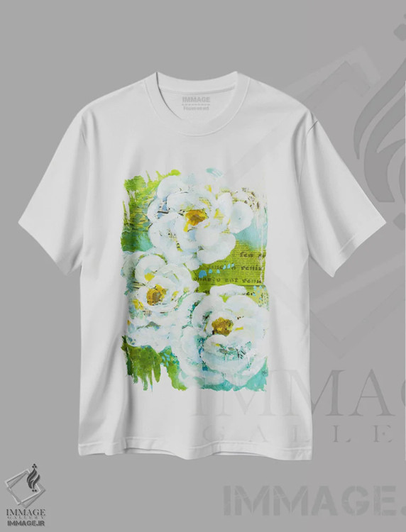 تیشرت سفید طرح دار گل های سبز، دکور معاصر اثر لیندا مک کلور | فروشگاه ایماژ