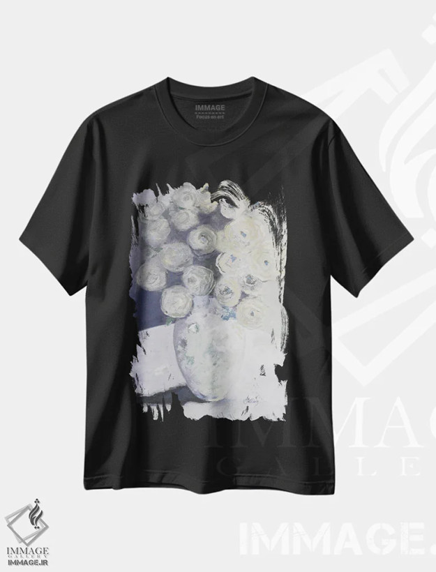 تیشرت مشکی طرح دار گلدان سبز با گل های زرد، دکور معاصر اثر لیندا استلینگ | فروشگاه ایماژ