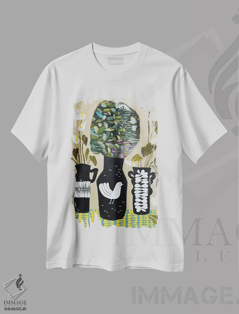 تیشرت سفید طرح دار توقف و بوییدن گل ها، دکور بوهمی اثر لنکا اشتسنا | فروشگاه ایماژ