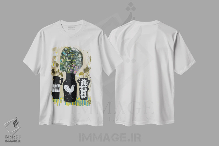 تیشرت سفید طرح دار توقف و بوییدن گل ها، دکور بوهمی اثر لنکا اشتسنا | فروشگاه ایماژ