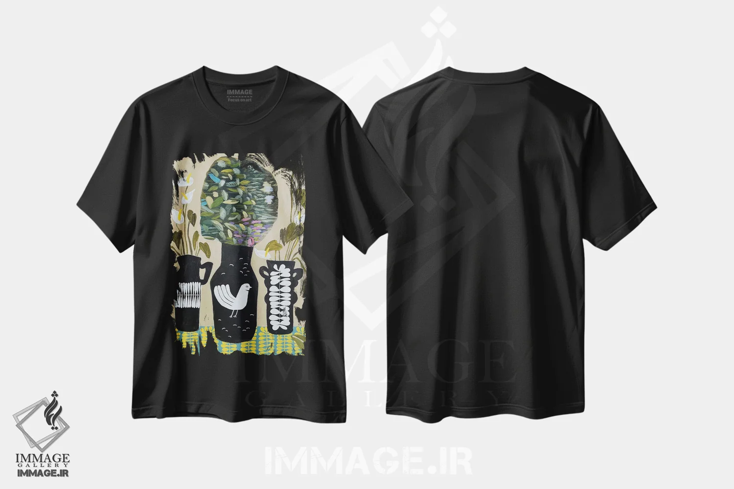 تیشرت مشکی طرح دار توقف و بوییدن گل ها، دکور بوهمی اثر لنکا اشتسنا | immage.ir