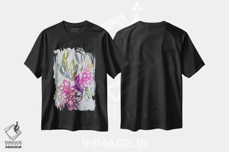 تیشرت مشکی طرح دار نرگس ها و سوسن ها، دکور بوهمی اثر لنکا اشتسنا | فروشگاه ایماژ