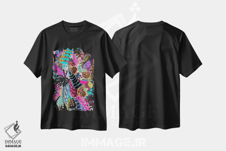 تیشرت مشکی طرح دار گل ها دو، دکور بوهمی اثر لنکا اشتسنا | فروشگاه ایماژ