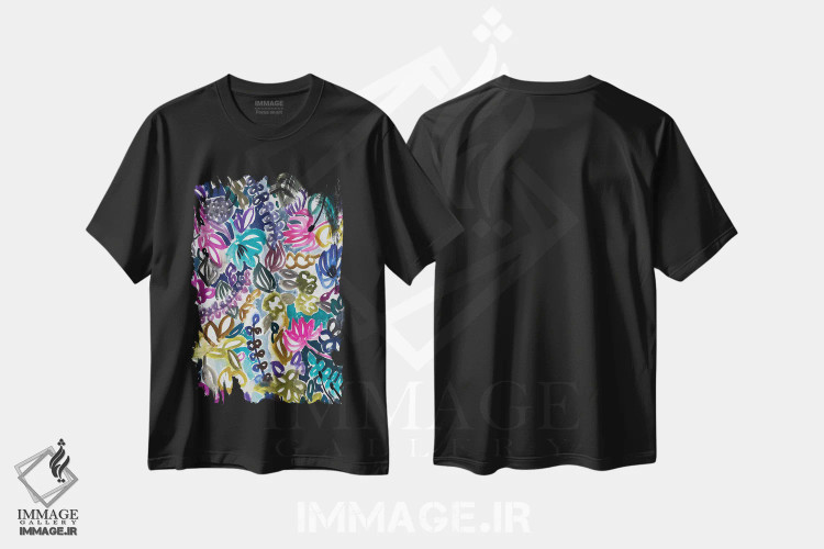 تیشرت مشکی طرح دار گل ها یازدهم، دکور بوهمی اثر لنکا اشتسنا | فروشگاه ایماژ