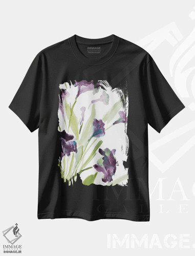 تیشرت مشکی طرح دار "زنگوله های بنفش II"، تزئینی اثر لِینی لورث | فروشگاه ایماژ