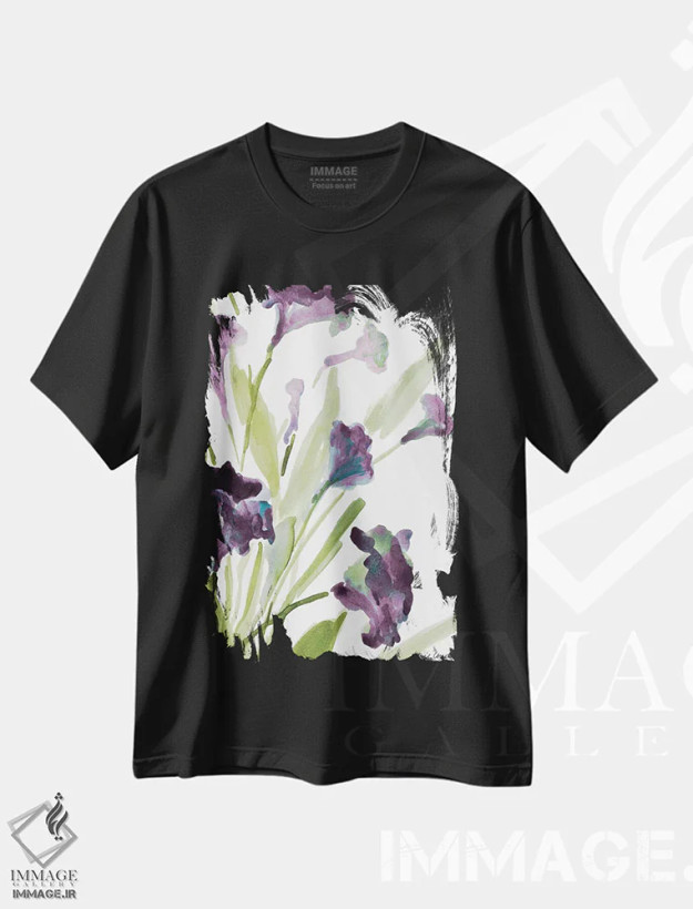 تیشرت مشکی طرح دار "زنگوله های بنفش II"، تزئینی اثر لِینی لورث | فروشگاه ایماژ