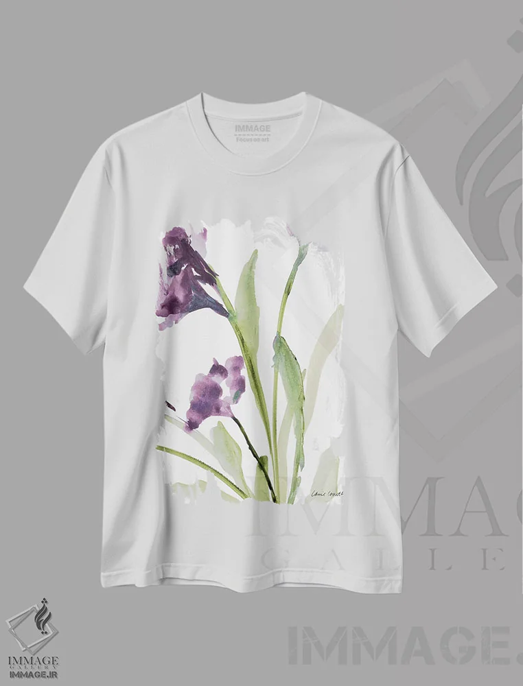 تیشرت سفید طرح دار "زنگوله های بنفش I"، تزئینی اثر لِینی لورث | فروشگاه ایماژ