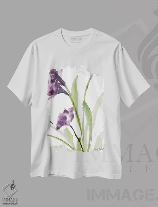 تیشرت سفید طرح دار "زنگوله های بنفش I"، تزئینی اثر لِینی لورث | فروشگاه ایماژ