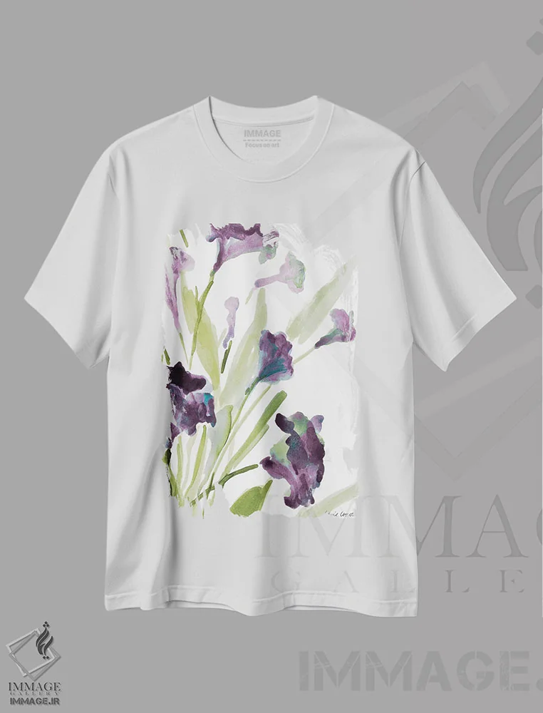 تیشرت سفید طرح دار "زنگوله های بنفش II"، تزئینی اثر لِینی لورث | immage.ir