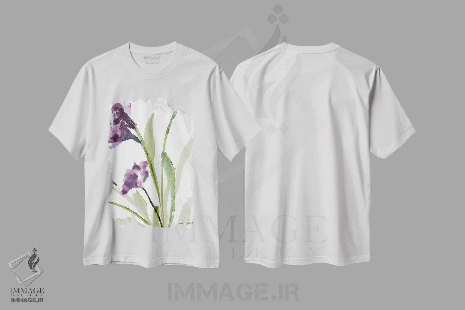 تیشرت سفید طرح دار "زنگوله های بنفش I"، تزئینی اثر لِینی لورث | فروشگاه ایماژ