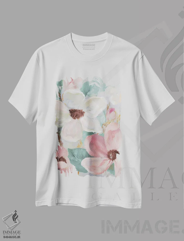 تیشرت سفید طرح دار "شکوفه خاموش فیروزه ای I"، تزئینی اثر لِینی لورث | فروشگاه ایماژ