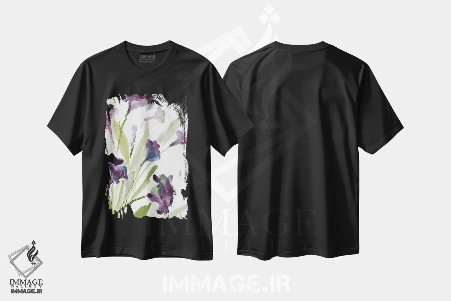 تیشرت مشکی طرح دار "زنگوله های بنفش II"، تزئینی اثر لِینی لورث | فروشگاه ایماژ