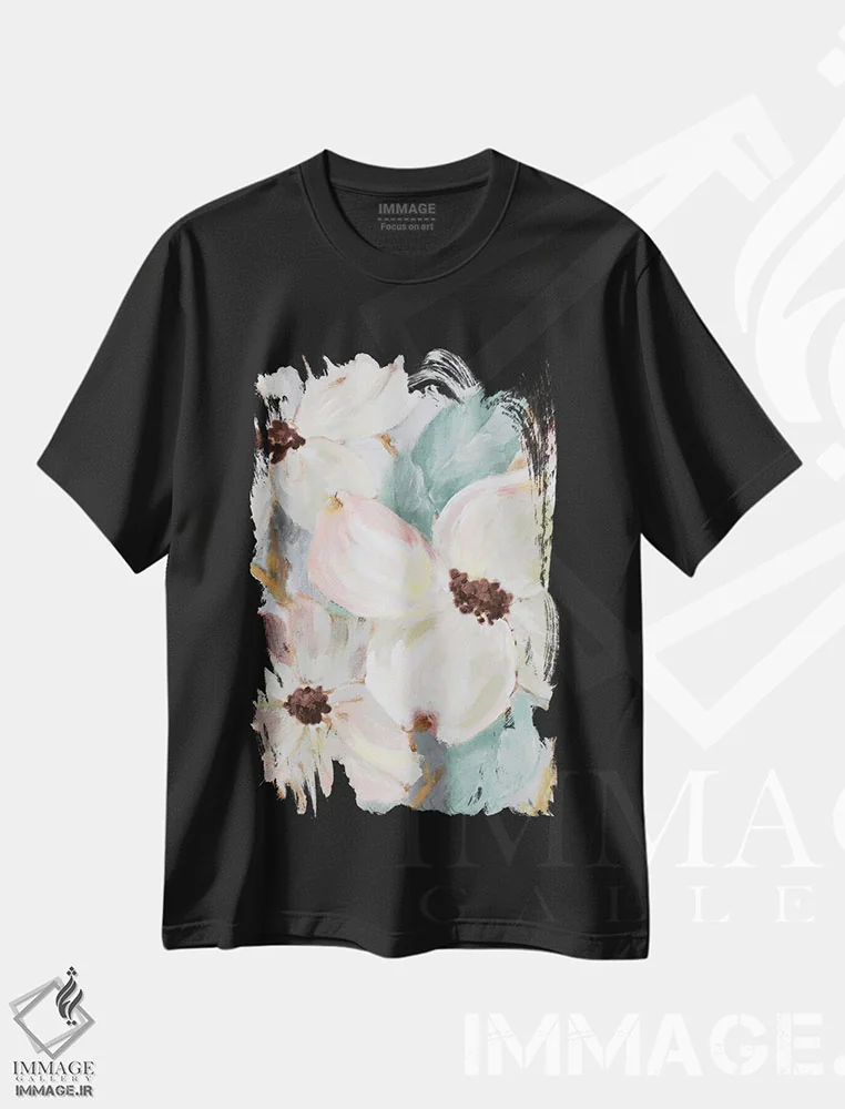 تیشرت مشکی طرح دار "شکوفه خاموش فیروزه ای II"، تزئینی اثر لِینی لورث | فروشگاه ایماژ