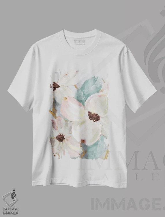 تیشرت سفید طرح دار "شکوفه خاموش فیروزه ای II"، تزئینی اثر لِینی لورث | immage.ir