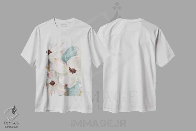 تیشرت سفید طرح دار "شکوفه خاموش فیروزه ای II"، تزئینی اثر لِینی لورث | immage.ir