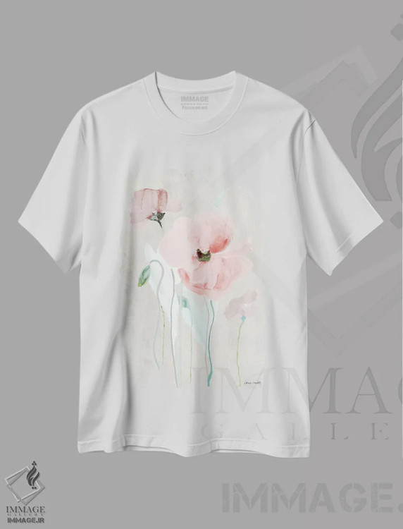 تیشرت سفید طرح دار "شبانزهای نرم صورتی I"، تزئینی اثر لِینی لورث | فروشگاه ایماژ
