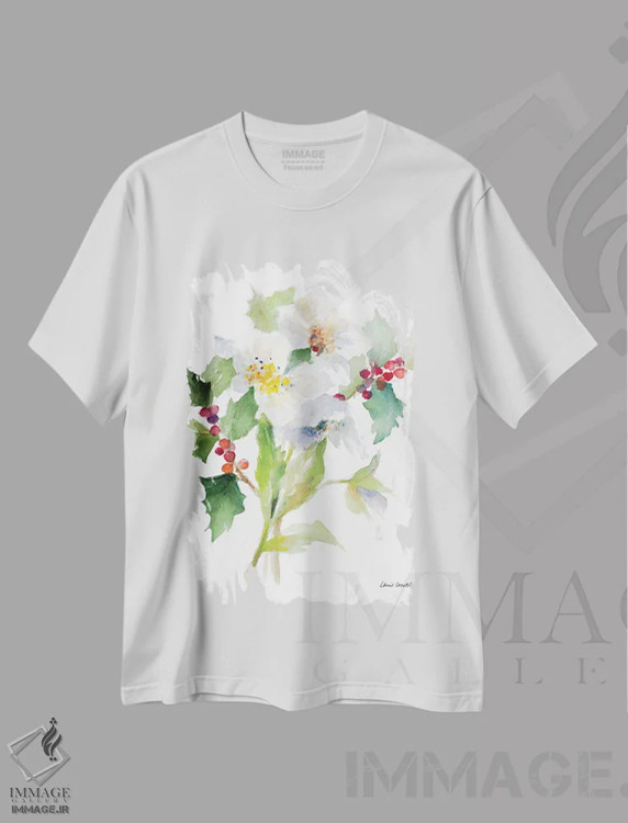 تیشرت سفید طرح دار "دسته گل کریسمس II"، دکور تعطیلات اثر لِینی لورث | فروشگاه ایماژ