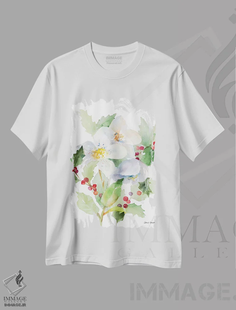 تیشرت سفید طرح دار "دسته گل کریسمس I"، دکور تعطیلات اثر لِینی لورث | immage.ir