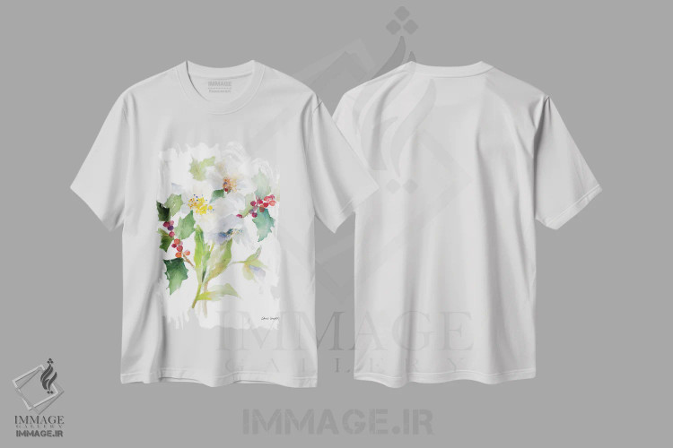 تیشرت سفید طرح دار "دسته گل کریسمس II"، دکور تعطیلات اثر لِینی لورث | فروشگاه ایماژ