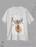 تیشرت سفید طرح دار "گوزن با برگ و تزئینات هولی"، حیوانات کریسمسی اثر لِینی لورث | immage.ir
